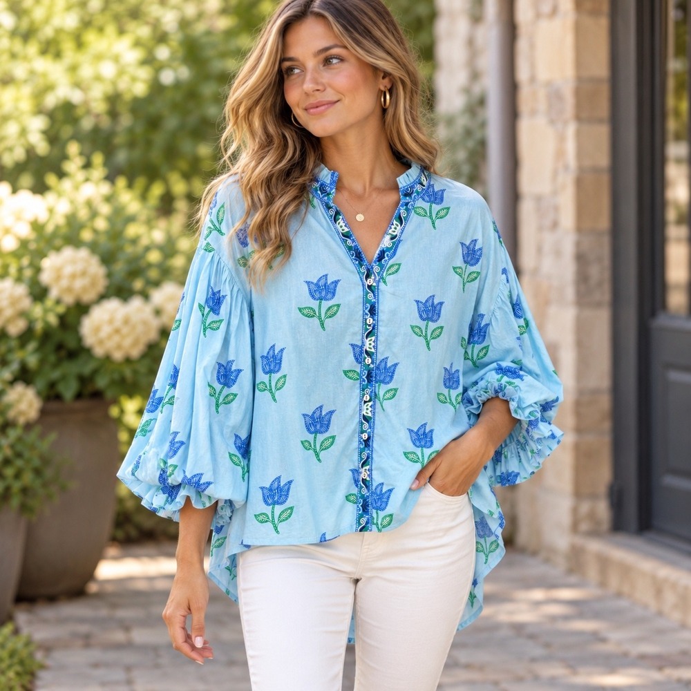 Printfresh Blouse Womens 2X Blue Excellent Tulip Print Balloon Sleeve Cotton